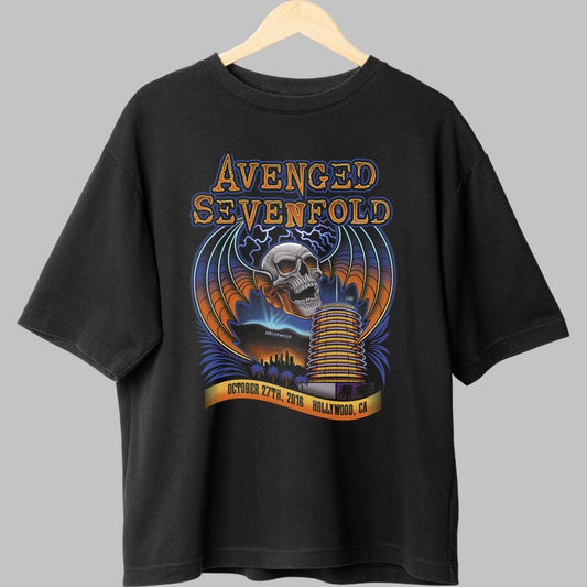 Tricou Avenged Sevenfold - Hollywood Skull Tour fata negru