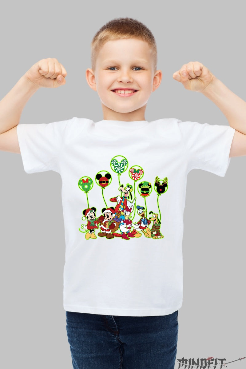 Tricou Craciun Copii - Echipa Vesela cu Baloane Festive baiat alb