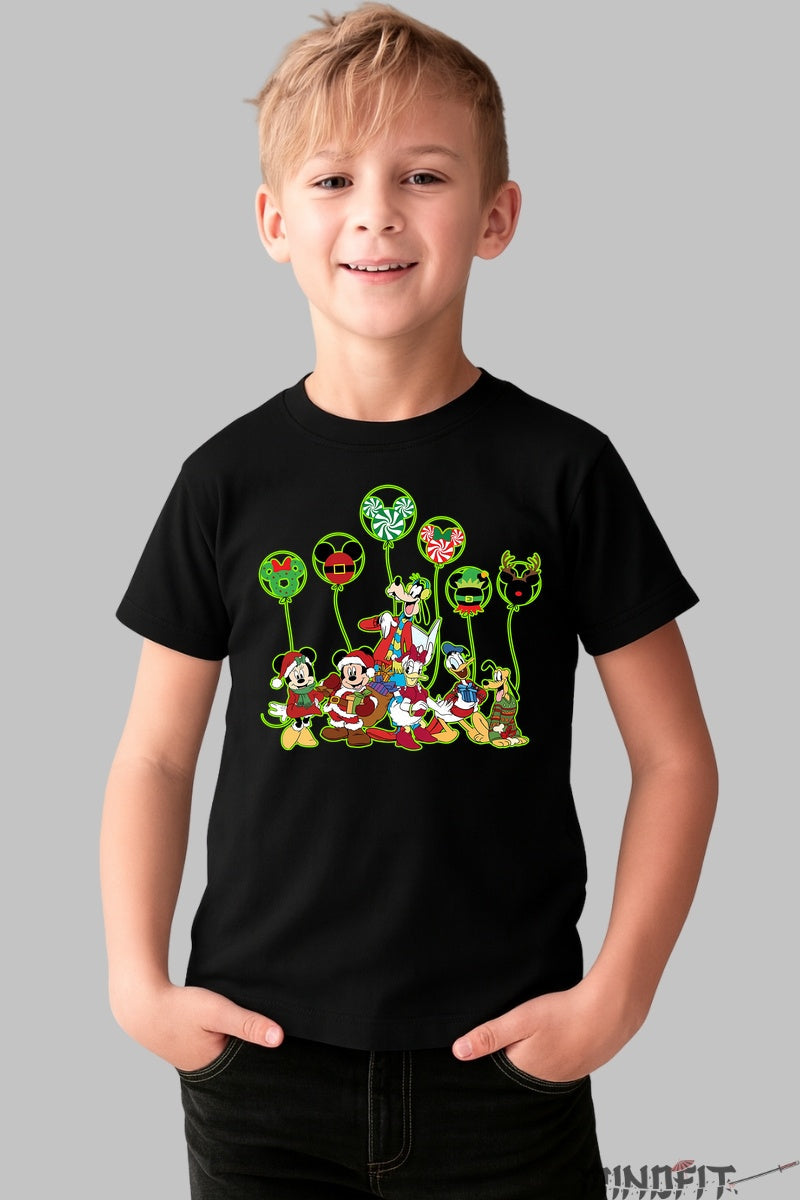 Tricou Craciun Copii - Echipa Vesela cu Baloane Festive baiat negru