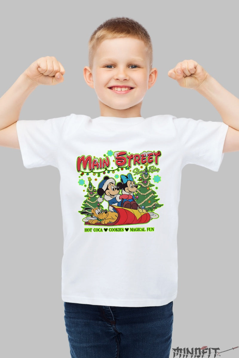 Tricou Craciun Copii - Main Street Sleigh Ride baiat alb