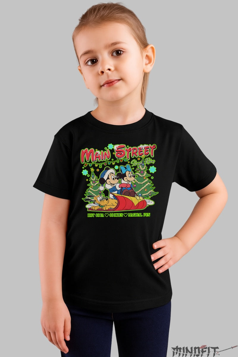 Tricou Craciun Copii - Main Street Sleigh Ride fata negru