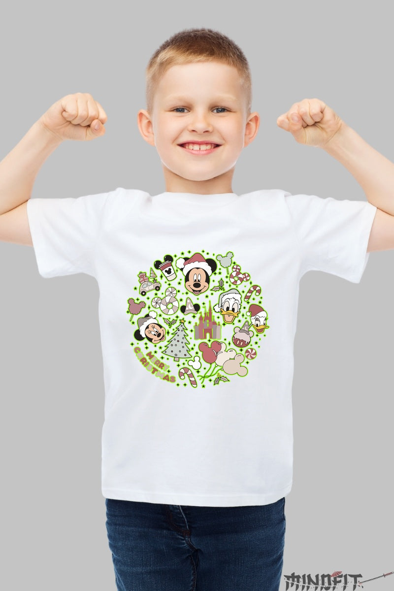 Tricou Craciun Copii - Personaje Vesele si Dulciuri Magice baiat alb