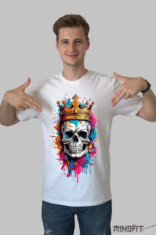 Tricou cu Aplicatii Craniu cu Coroana barbat alb fata