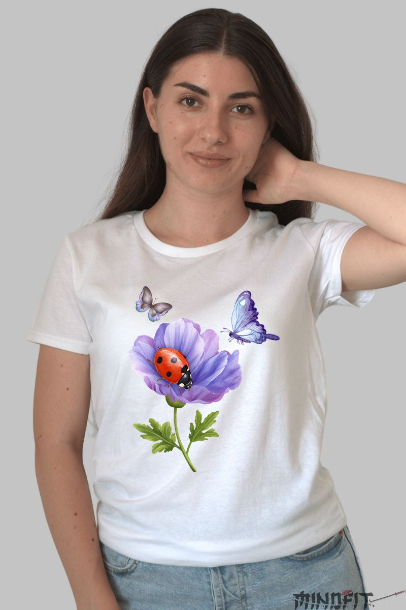 Tricou Cu Flori De Primavara - Anemona Gargarita Si Fluturi Dama Alb