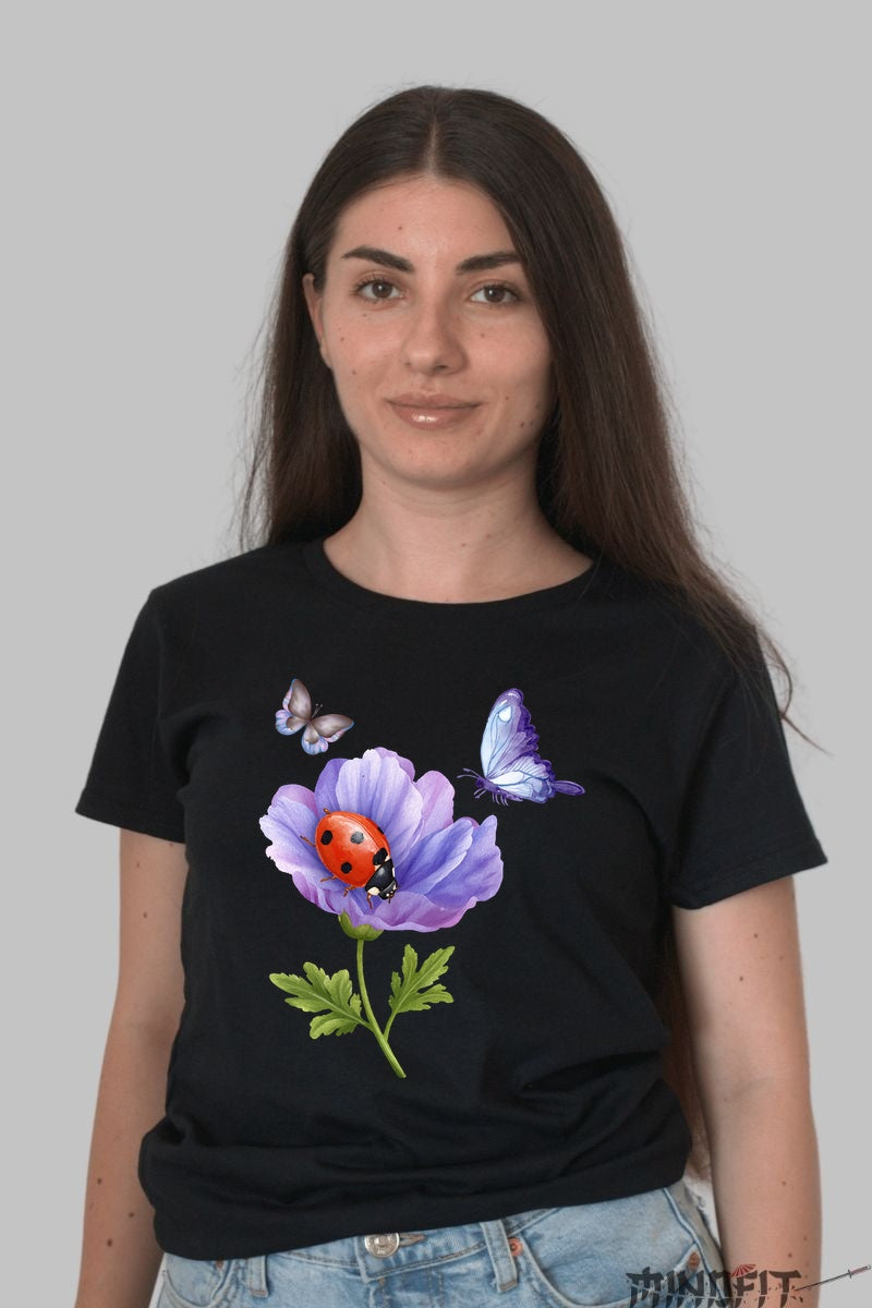 Tricou Cu Flori De Primavara - Anemona Gargarita Si Fluturi Dama Negru