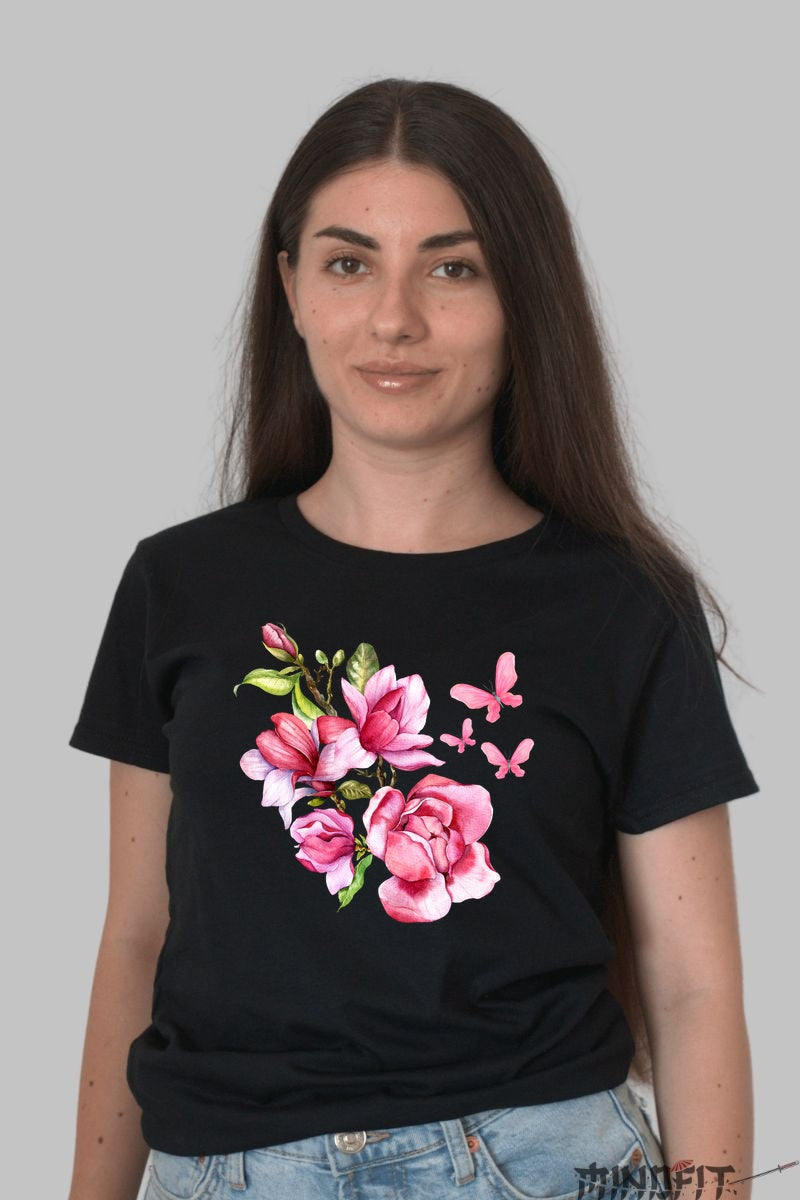 Tricou Cu Flori De Primavara - Armonie Inflorita Dama Negru