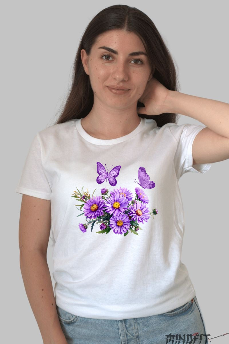 Tricou Cu Flori De Primavara - Asteri Violet si Fluturi Magici Dama Alb