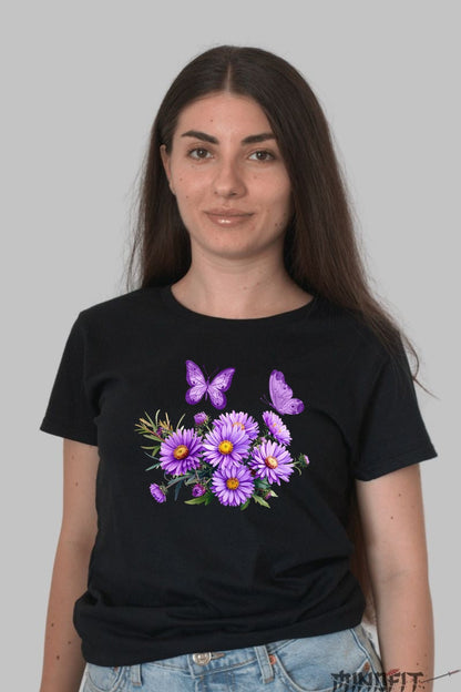 Tricou Cu Flori De Primavara - Asteri Violet si Fluturi Magici Dama Negru