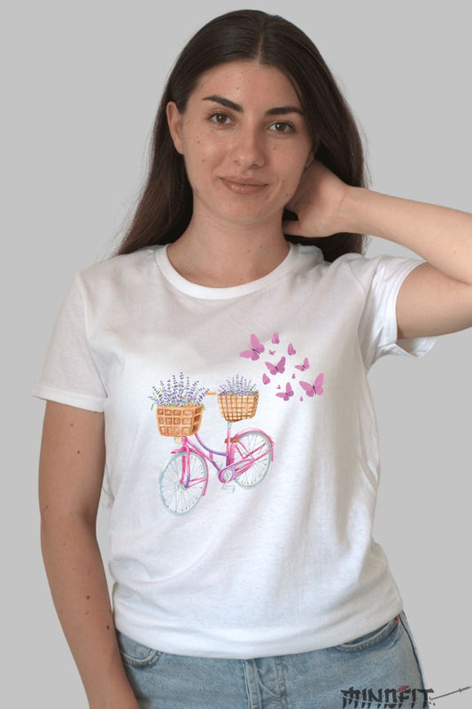 Tricou Cu Flori De Primavara - Bicicleta Cu Lavanda Dama Alb