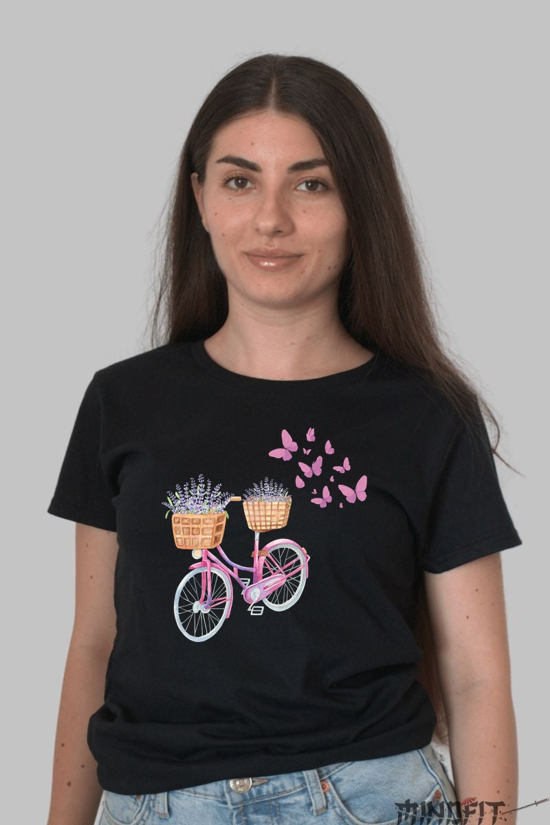 Tricou Cu Flori De Primavara - Bicicleta Cu Lavanda Dama Negru
