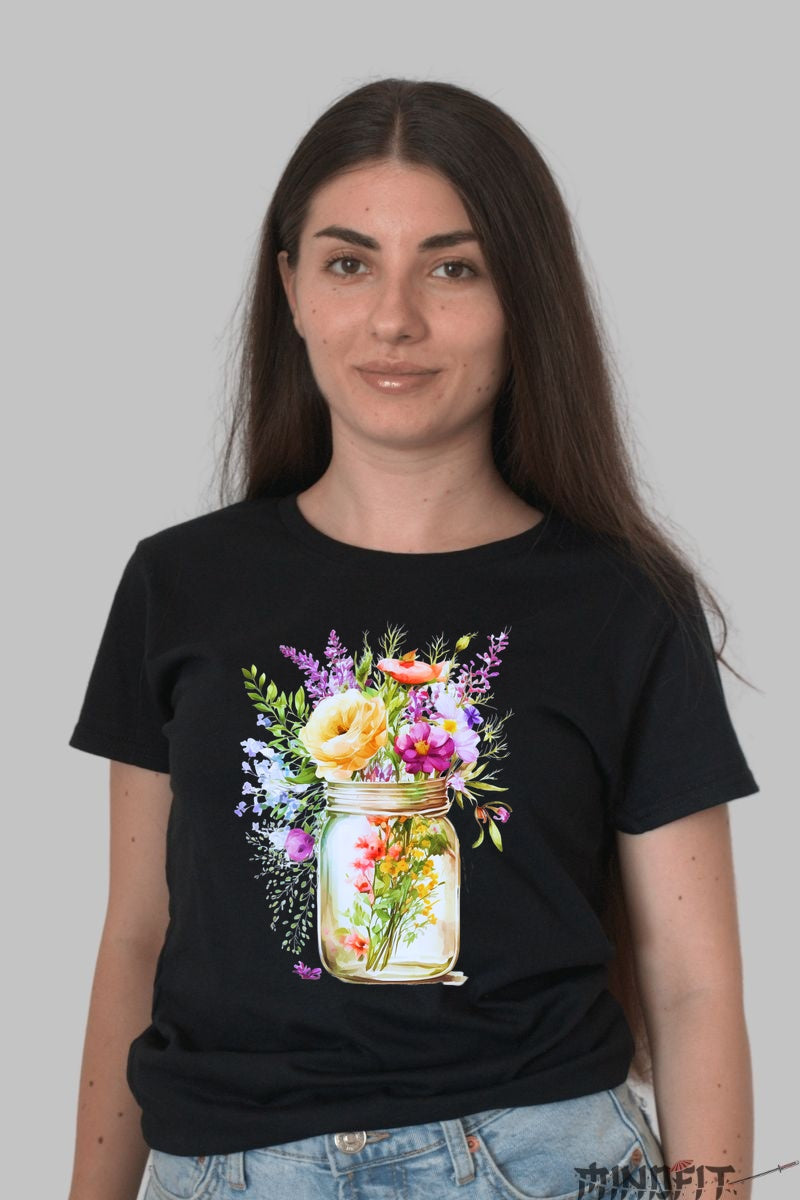 Tricou Cu Flori De Primavara - Buchet In Borcan Dama Negru