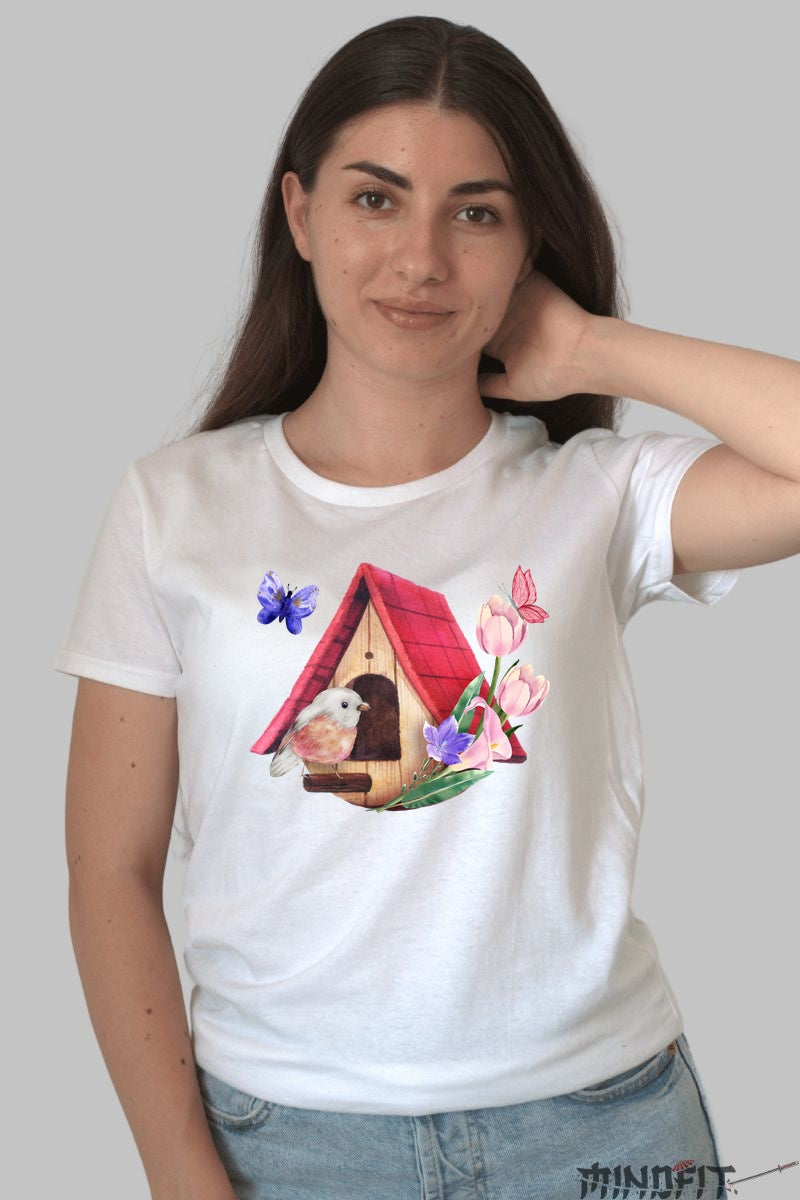 Tricou Cu Flori De Primavara - Casuta Cu Pasari Si Lalele Dama Alb