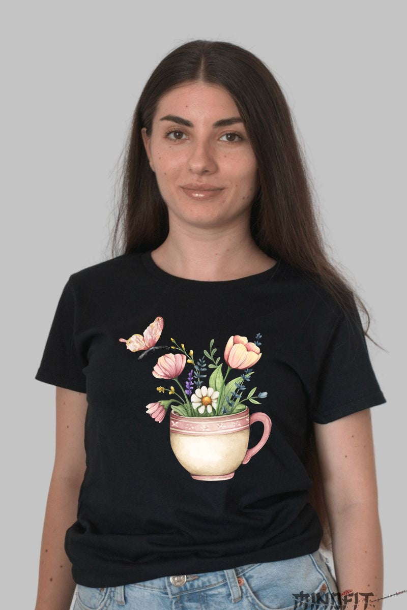 Tricou Cu Flori De Primavara - Ceasca Cu Pasiune Florala Dama Negru