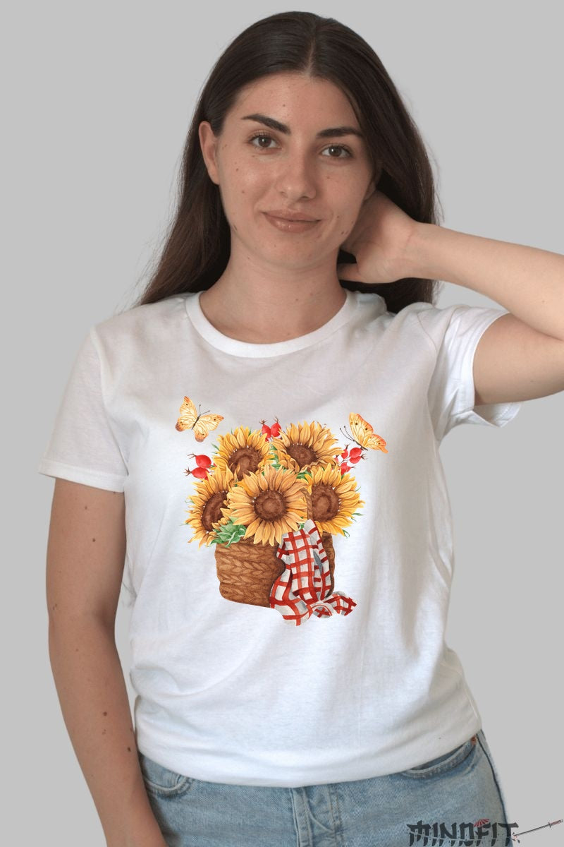 Tricou Cu Flori De Primavara - Cos Cu Floarea Soarelui Dama Alb