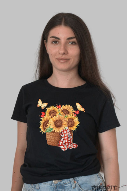 Tricou Cu Flori De Primavara - Cos Cu Floarea Soarelui Dama Negru