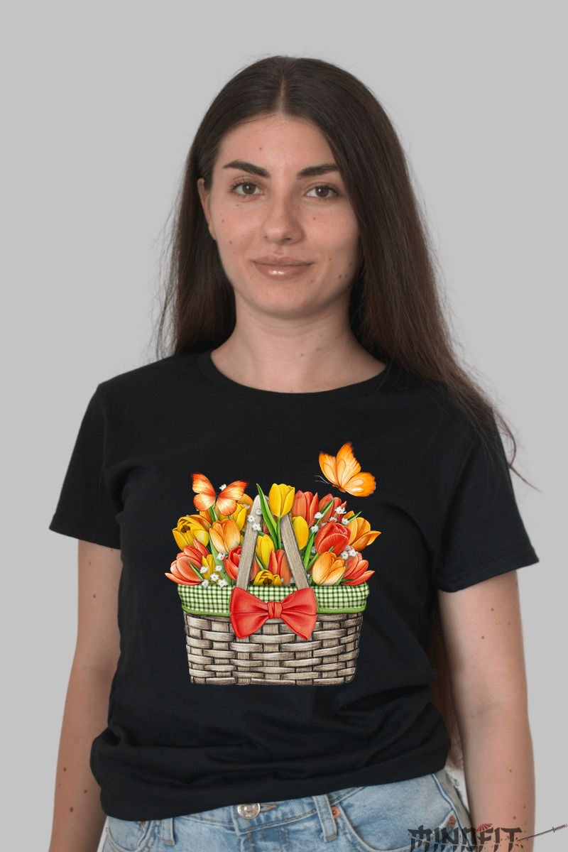 Tricou Cu Flori De Primavara - Cos Cu Lalele Colorate Dama Negru