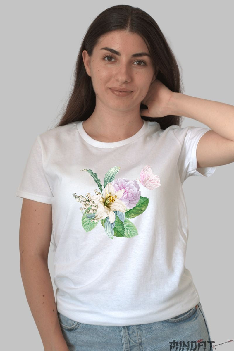 Tricou Cu Flori De Primavara - Crin Si Bujor Pastel Dama Alb