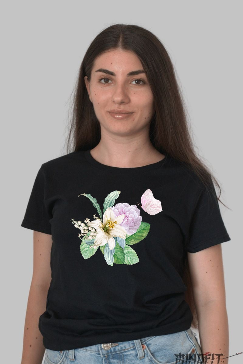 Tricou Cu Flori De Primavara - Crin Si Bujor Pastel Dama Negru