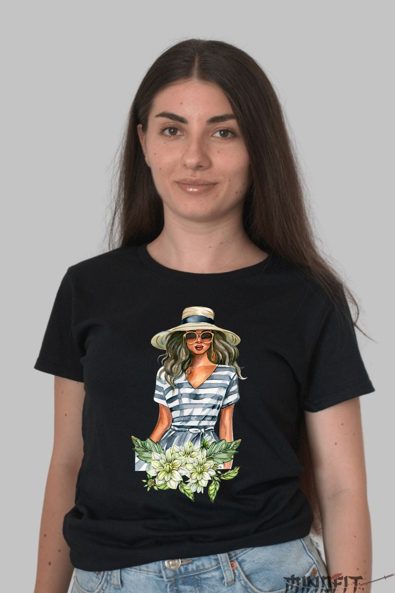 Tricou Cu Flori De Primavara - Eleganta Urbana Dama Negru