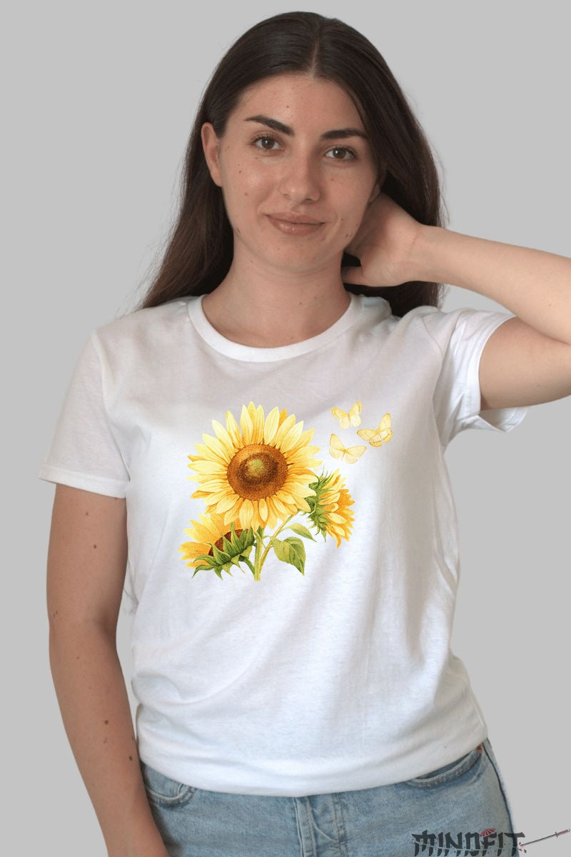 Tricou Cu Flori De Primavara - Floarea Soarelui Si Fluturi Dama Alb