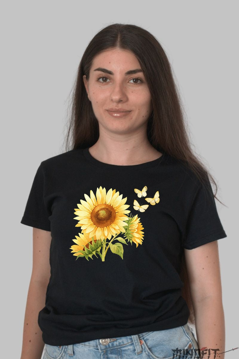 Tricou Cu Flori De Primavara - Floarea Soarelui Si Fluturi Dama Negru