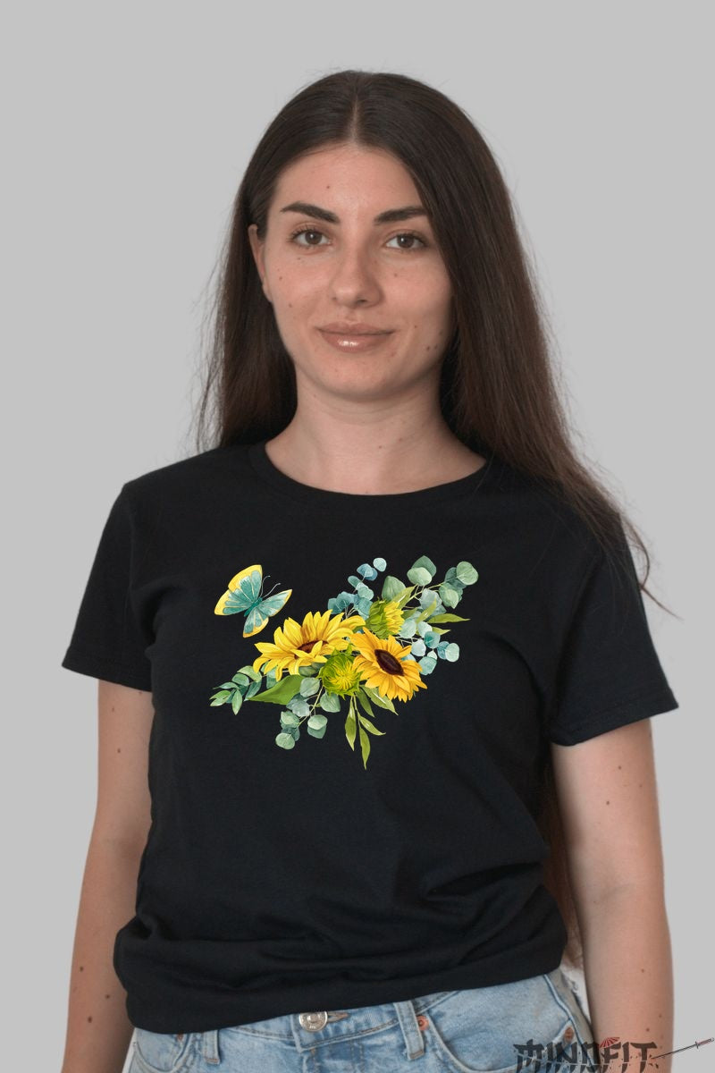 Tricou Cu Flori De Primavara - Floarea Soarelui Vibranta Dama Negru