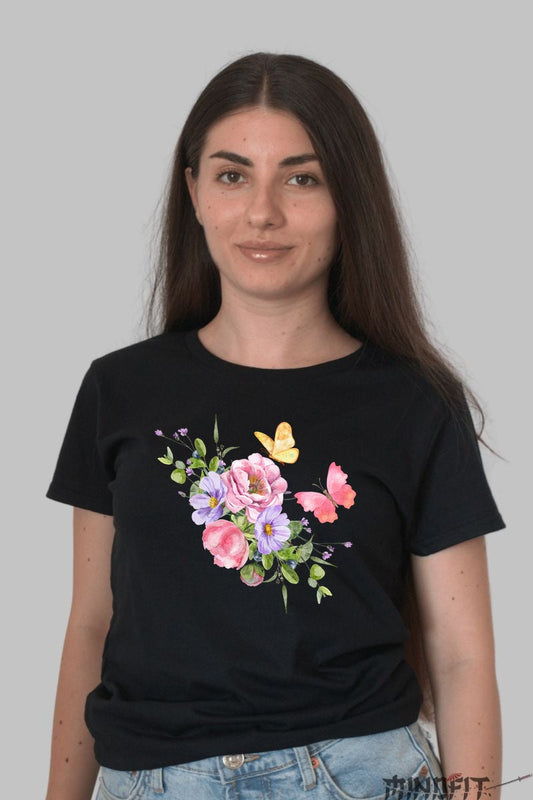 Tricou Cu Flori De Primavara - Gradina Cu Fluturi Dama Negru