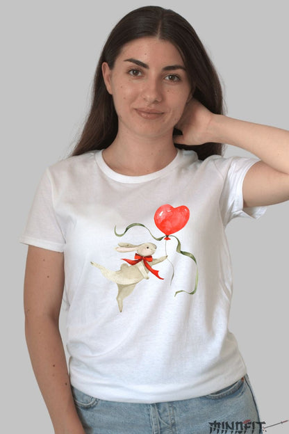 Tricou Cu Flori De Primavara - Iepuras Visator Cu Balon Dama Alb