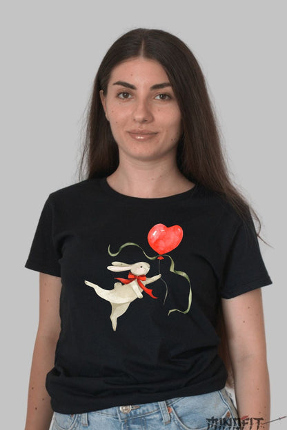 Tricou Cu Flori De Primavara - Iepuras Visator Cu Balon Dama Negru