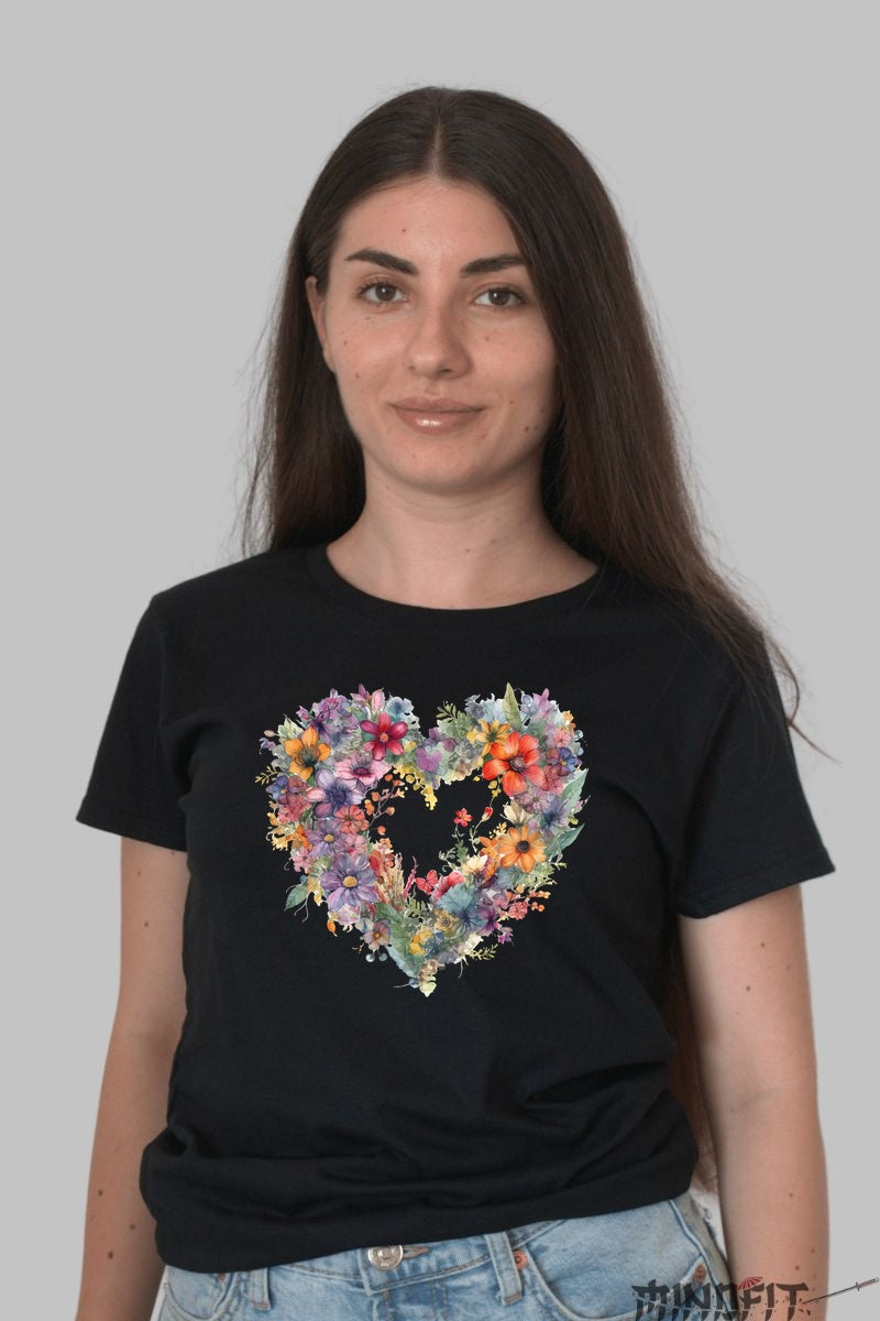 Tricou Cu Flori De Primavara - Inima Botanica Dama Negru