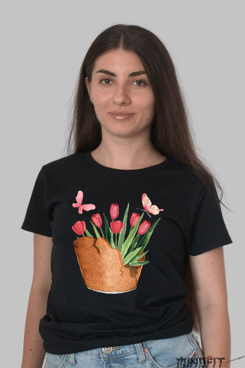 Tricou Cu Flori De Primavara - Lalele In Ghiveci Crapat Dama Negru