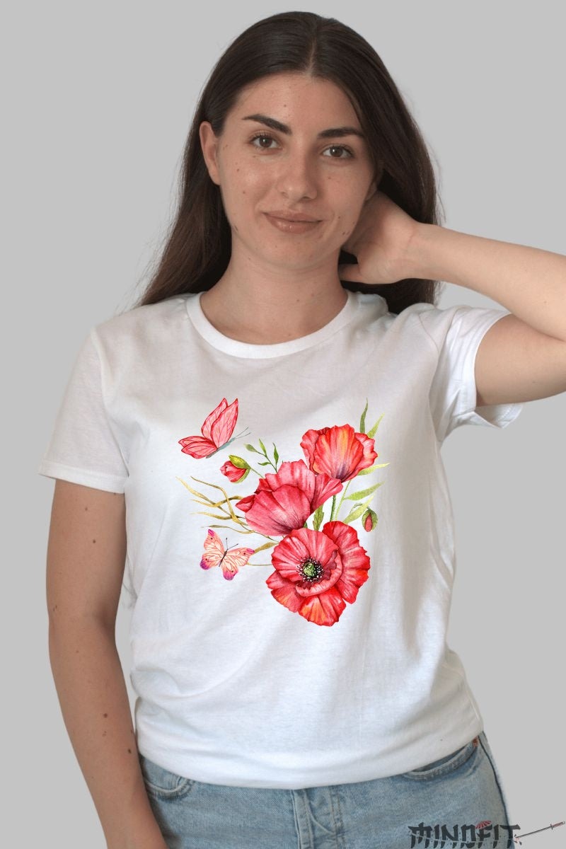 Tricou Cu Flori De Primavara - Maci Rosie Aprinsa Dama Alb