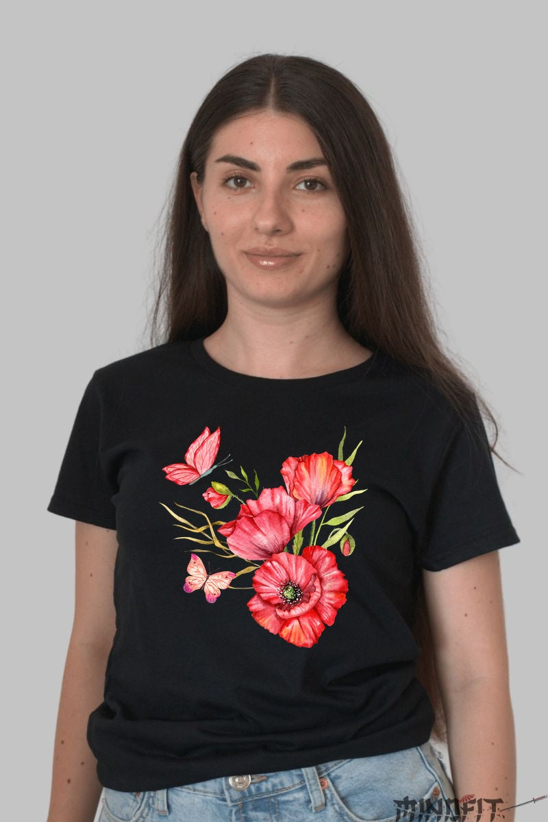 Tricou Cu Flori De Primavara - Maci Rosie Aprinsa Dama Negru