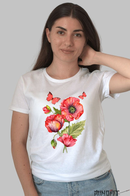 Tricou Cu Flori De Primavara - Maci Rosii Si Fluturi Dama Alb