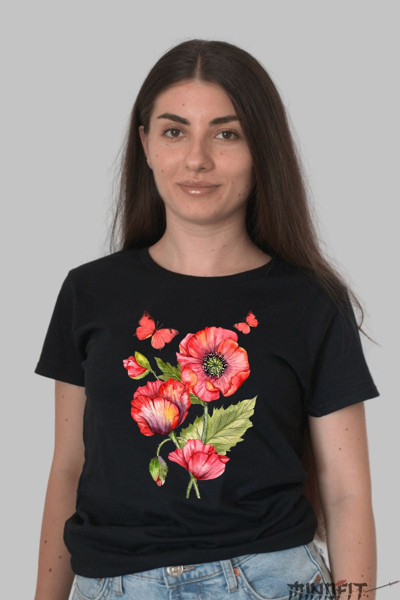 Tricou Cu Flori De Primavara - Maci Rosii Si Fluturi Dama Negru