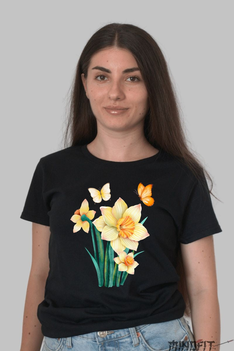 Tricou Cu Flori De Primavara - Narcise Aurii si Fluturi Dama Negru