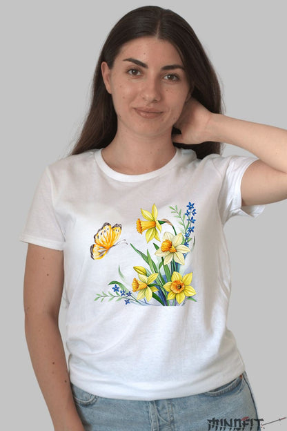Tricou Cu Flori De Primavara - Narcise Galbene Si Fluture Dama Alb