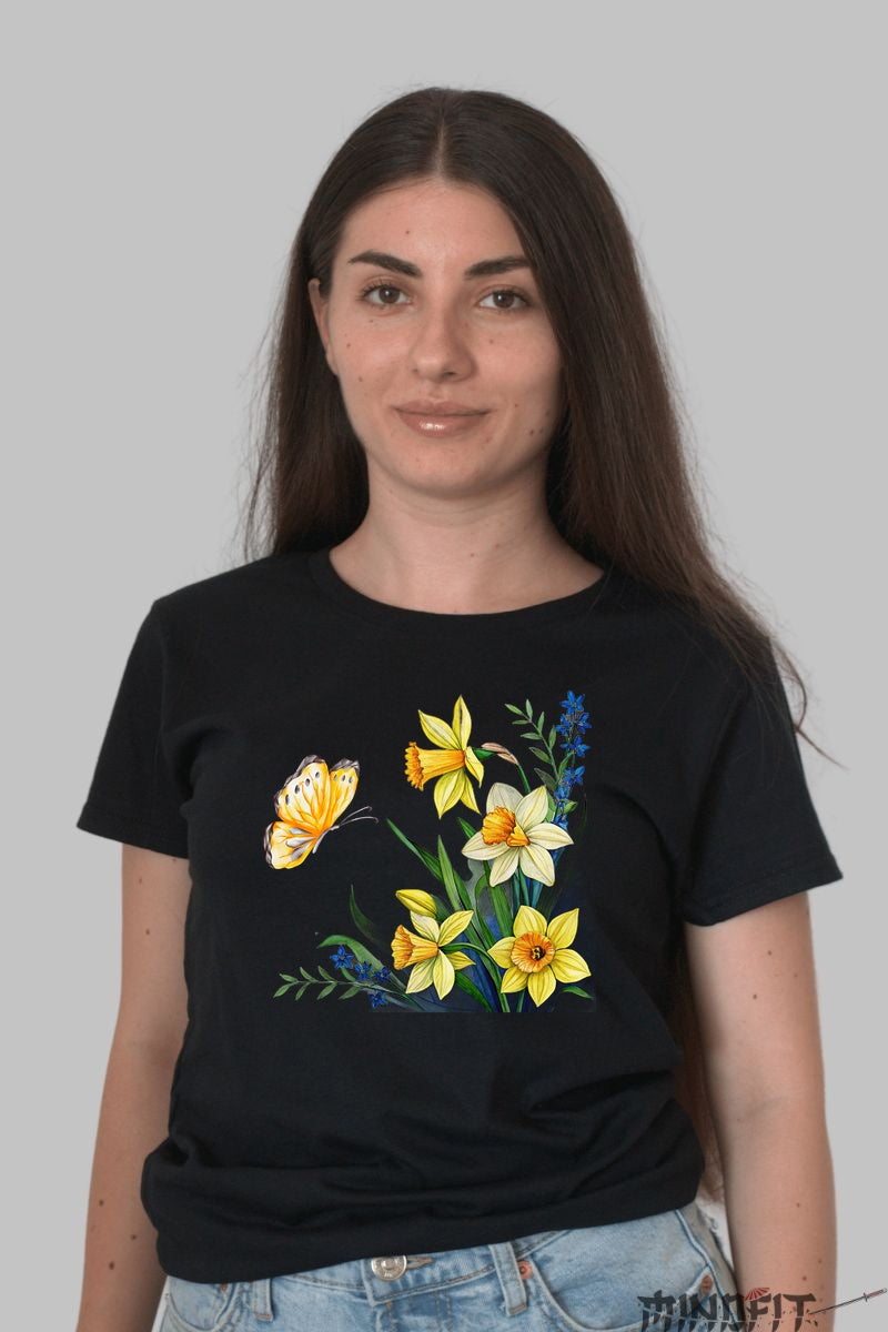 Tricou Cu Flori De Primavara - Narcise Galbene Si Fluture Dama Negru