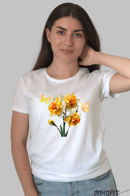 Tricou Cu Flori De Primavara - Narcise Galbene Si Fluturi Dama Alb