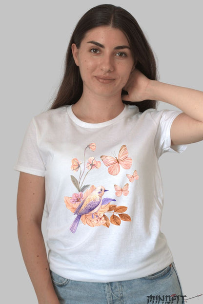 Tricou Cu Flori De Primavara - Pasare Si Fluturi Pastel Dama Alb