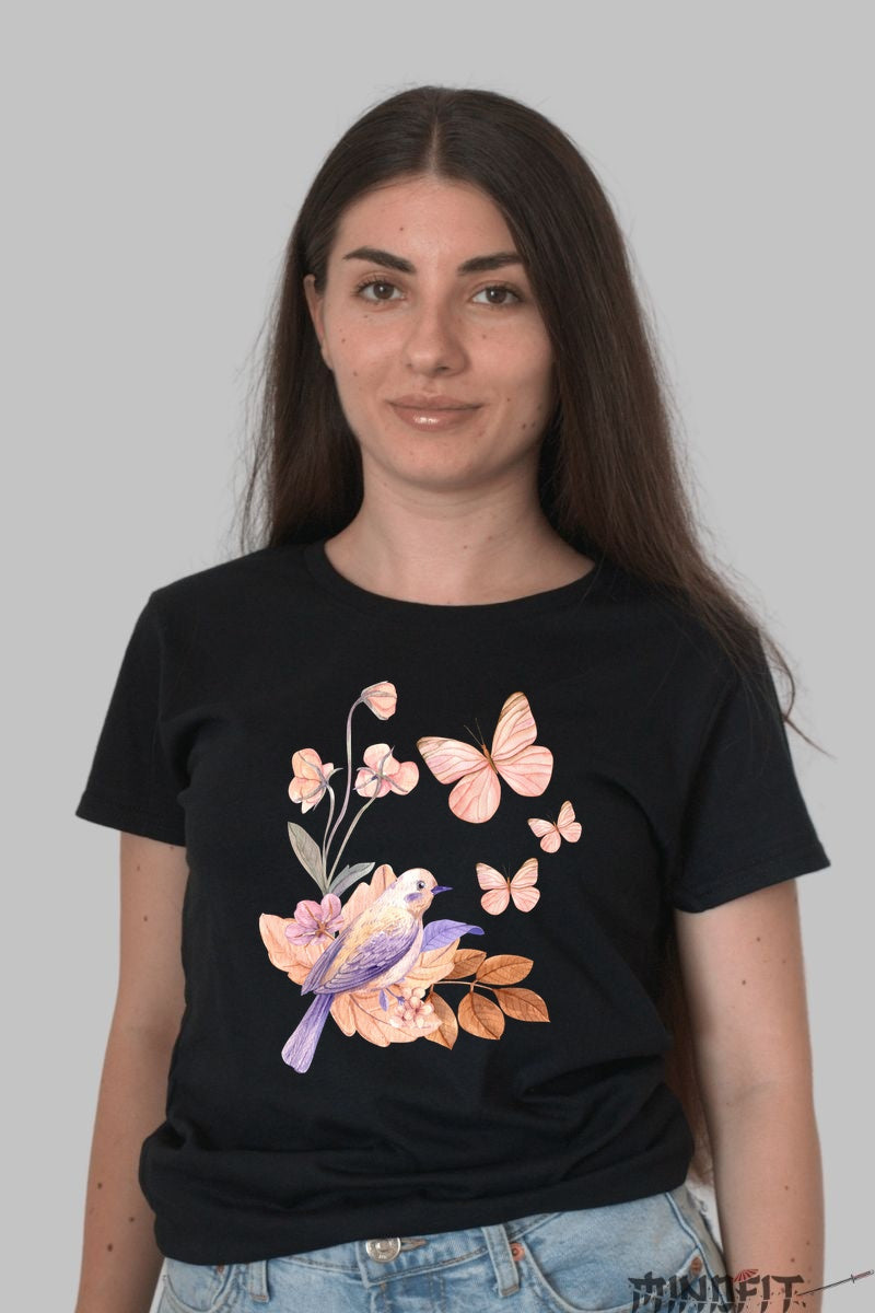 Tricou Cu Flori De Primavara - Pasare Si Fluturi Pastel Dama Negru