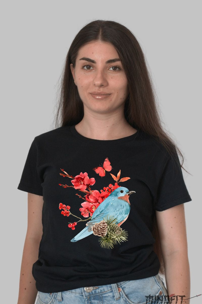 Tricou Cu Flori De Primavara - Pasarea Si Cires Inflorit Dama Negru