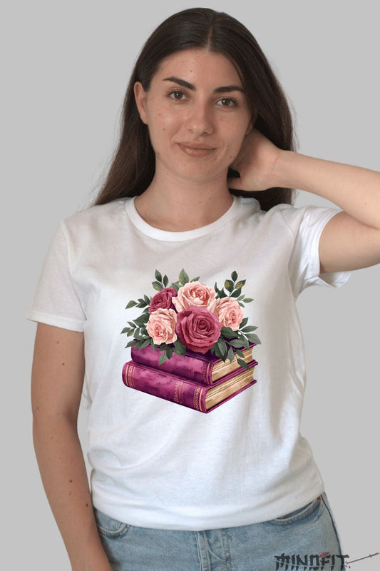 Tricou Cu Flori De Primavara - Trandafiri Si Carti Vintage Dama Alb