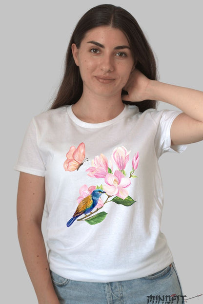 Tricou Cu Flori De Primavara - Zbor Printre Magnolii Dama Alb
