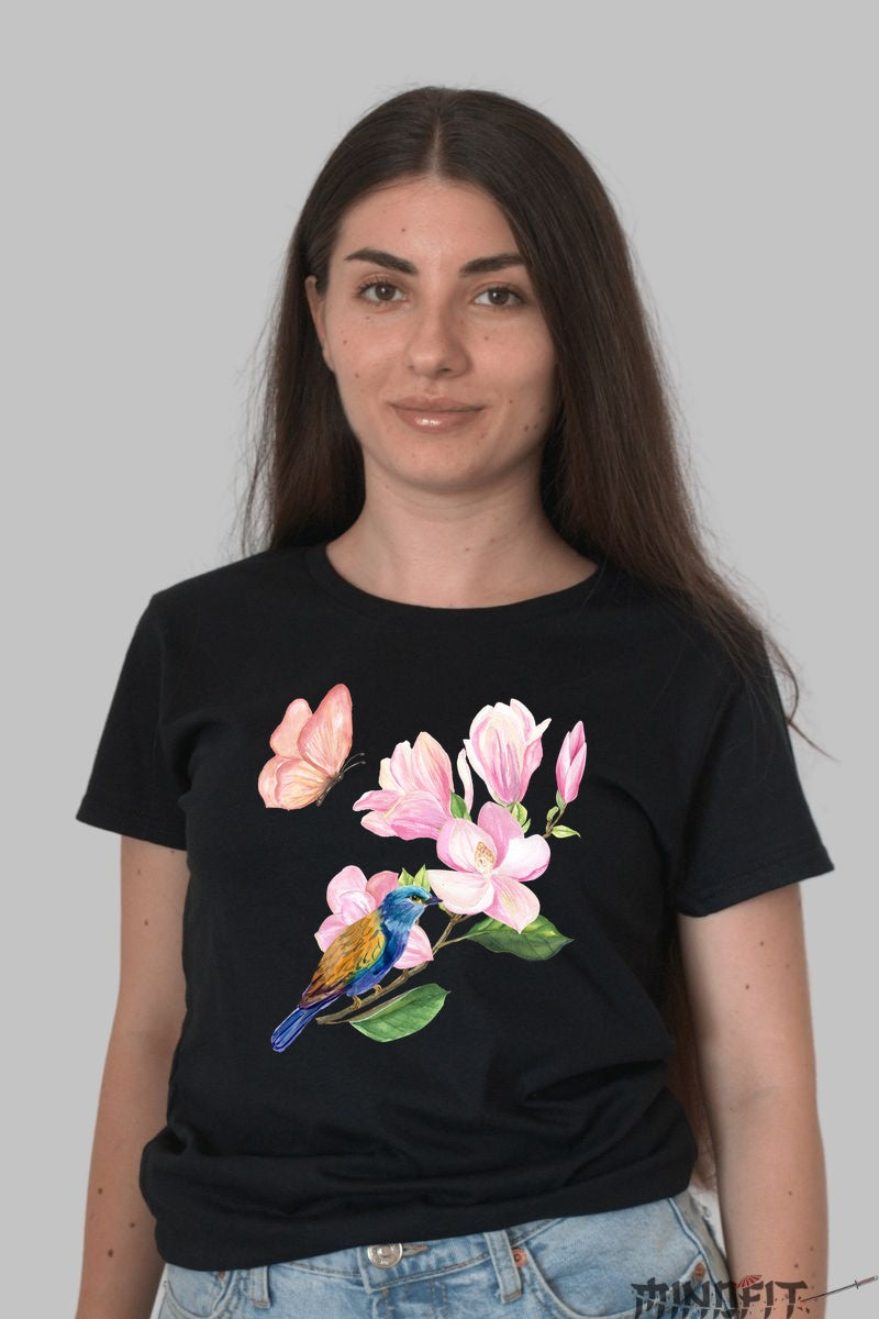 Tricou Cu Flori De Primavara - Zbor Printre Magnolii Dama Negru