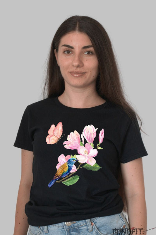 Tricou Cu Flori De Primavara - Zbor Printre Magnolii Dama Negru