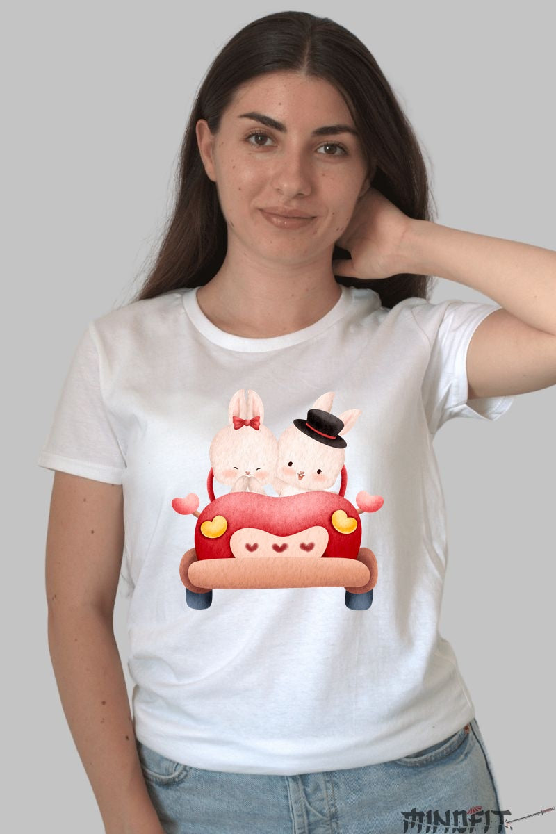 Tricou Cuplu Iepurasi In Masina Dama Alb