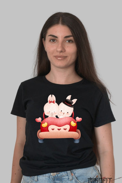 Tricou Cuplu Iepurasi In Masina Dama Negru