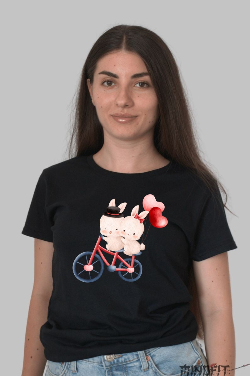 Tricou Cuplu Iepurasi Pe Bicicleta - Dragoste Pe Doua Roti Dama Negru