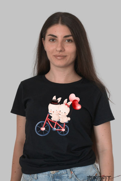 Tricou Cuplu Iepurasi Pe Bicicleta - Dragoste Pe Doua Roti Dama Negru